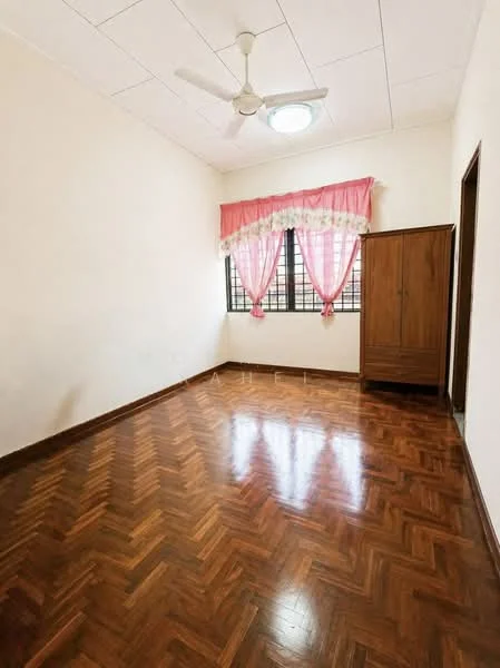 Bedroom features: parquet wood flooring, white painted walls, ceiling fan, window with pink curtains, wooden wardrobe, light fixture in ceiling.