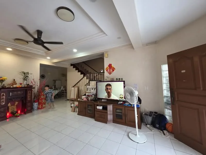 Living features: white painted walls, ceramic tile flooring, recessed downlights, 5-blade ceiling fan, wall-mounted TV, wooden TV console, decorative wall unit, large window with natural light, basketball, decorative plants, children's toys, staircase leading to upper floor; style: modern.