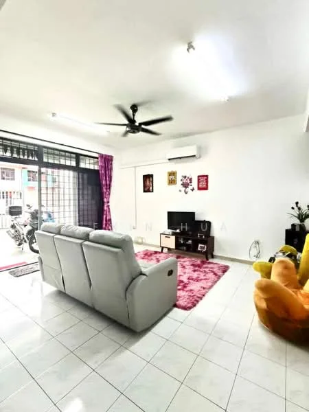 Living features: 3-seater fabric sofa in light grey, 2-seater armchair in orange, area rug with geometric pattern in pink, wall-mounted TV, TV console, ceiling fan with light, 1 wall-mounted split AC, white painted walls, tile flooring, large sliding glass door, curtains in purple, decorative wall art; style: modern.