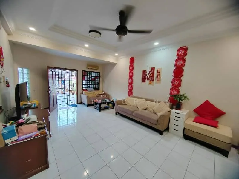 Living features: white painted walls, polished ceramic tile flooring, tray ceiling with recessed lighting, 5-blade ceiling fan, sofa in beige fabric, 2-seater sofa in beige fabric, red accent cushions, TV console, wall-mounted TV, decorative wall art, side table with lamp, open doorway to outdoor area; style: contemporary; view: garden.