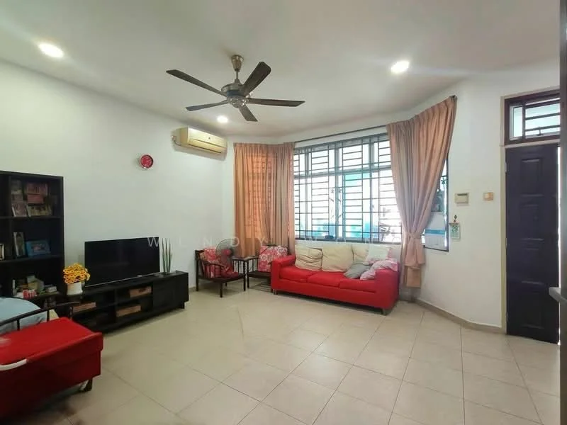 Living features: 3-seater red leather sofa, 2-seater fabric sofa in grey, coffee table, TV console, wall-mounted TV, ceiling fan with light, recessed LED downlights, floor-to-ceiling windows, curtains, tile flooring, air conditioning unit, decorative wall clock, bookshelf; style: modern.