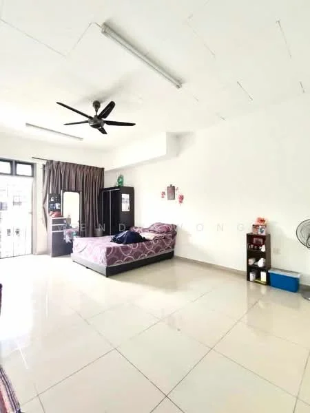 Bedroom features: queen-size bed with patterned bedding, 2 bedside tables, black wardrobe, ceiling fan, large window with sheer curtains, white painted walls, glossy ceramic tile flooring, decorative wall art, open shelving unit, wall-mounted mirror; style: minimalist.