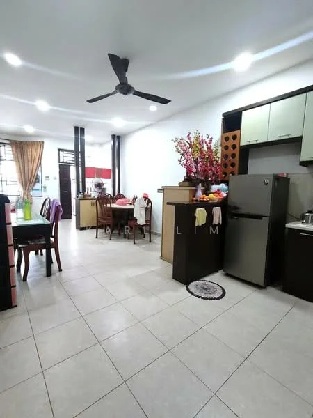 Kitchen features: grey cabinetry, black refrigerator, stainless-steel sink, chrome faucet, ceramic tile flooring, recessed LED downlights, open shelving, decorative flower arrangement, dining table with chairs, wall-mounted cabinets, countertop space, window with sheer curtains; style: modern.