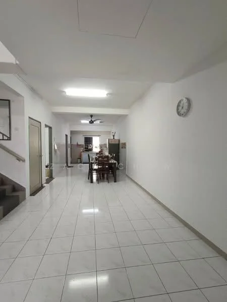 Room features: white painted walls, glossy white tile flooring, ceiling with recessed lighting, 5-blade ceiling fan, wall clock, dining table with chairs, open layout, staircase visible in background; style: modern.