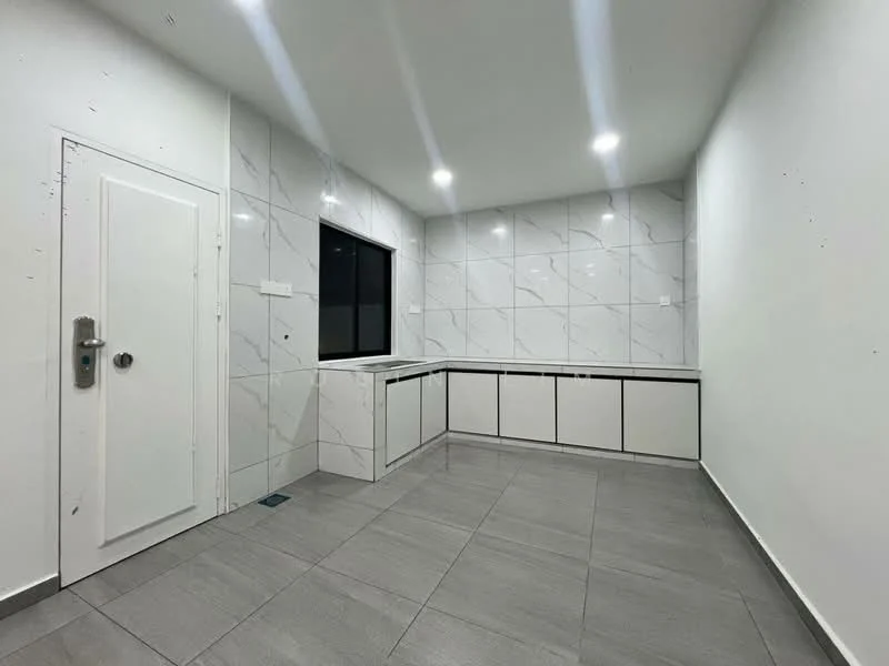 Kitchen features: white cabinetry with flat-panel design, grey marble tile backsplash, grey tile flooring, recessed LED downlights, single door entry, large window, countertop space, no visible appliances; style: modern.
