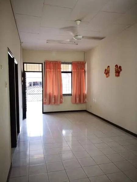 Room features: white painted walls, white ceiling, ceramic tile flooring, 2 large windows with sheer curtains, ceiling fan, orange curtains, decorative wall art, doorway leading to another room; style: minimalist.