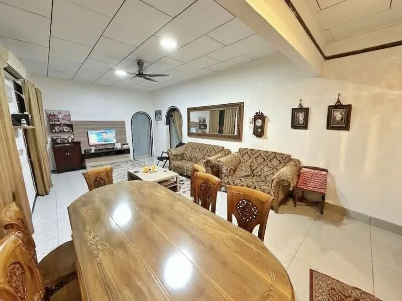 Living features: 3-seater fabric sofa in beige, 2-seater fabric sofa in brown, wooden dining table with 6 chairs, wall-mounted TV, decorative mirror, framed artwork on walls, ceiling fan, tile flooring, curtains on windows, coffee table, area rug with geometric pattern; style: traditional.