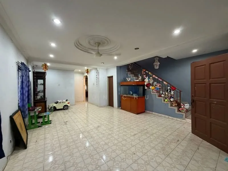 Living features: white painted walls, cream tiled flooring, recessed downlights, 5-blade ceiling fan, decorative ceiling rose, staircase with wooden railing, wooden cabinet, toy car, green play table, blue accent wall, windows with sheer curtains; style: modern.