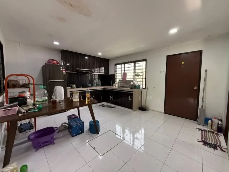 Kitchen features: white tiled flooring, dark wood cabinetry, black countertop, stainless-steel sink, built-in stove, exhaust hood, refrigerator, window with grid pattern, open layout, dining table, plastic storage containers, cleaning supplies, wall-mounted shelves; style: modern.