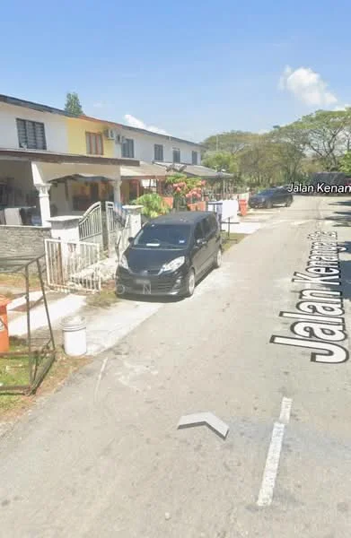 Exterior type: linked terrace house; features: two-storey linked terrace houses, white painted facade, front porch with car parking, manicured lawn, paved walkway, street view with road signage, surrounded by greenery; style: modern.