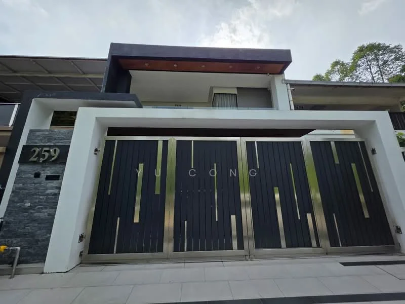 Exterior type: detached bungalow; features: modern facade with dark accents, large metal gate with vertical slats, stone cladding on lower portion, number 259 displayed prominently, flat roof design, manicured landscaping, paved driveway, large windows visible on upper floor; style: modern.