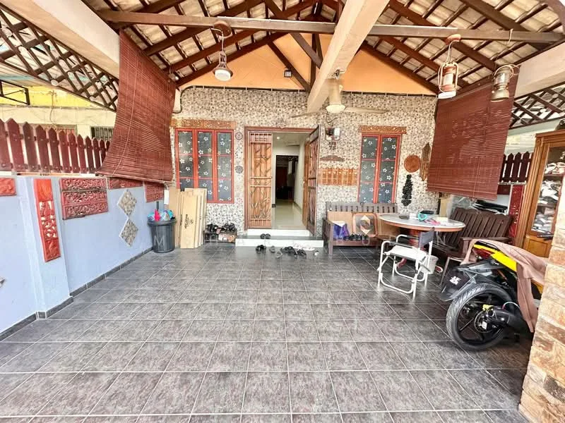 Room features: tiled flooring, wooden ceiling with exposed beams, decorative wall panels, double wooden doors, outdoor dining table, plastic chairs, motorcycle parked, decorative wall art, hanging light fixtures, wooden fence, open layout, natural light from windows; style: traditional; view: garden.