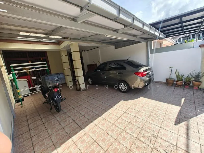 Exterior type: car porch; features: covered car porch, paved flooring, space for one car, motorcycle parking, greenery with potted plants, metal roof, open layout, natural light from skylight; style: modern.