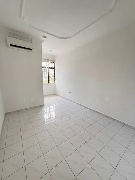 Room features: white painted walls, glossy white tile flooring, 1 wall-mounted split AC, floor-to-ceiling window, natural light from window, ceiling with no visible fixtures.