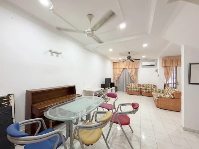 Living features: white painted walls, tile flooring, tray ceiling, recessed downlights, 5-blade ceiling fan, 2-seater fabric sofa in beige, 3-seater fabric sofa in floral pattern, glass dining table, metal dining chairs in various colors, TV console, wall-mounted air conditioning unit, curtains, decorative wall light; style: modern.