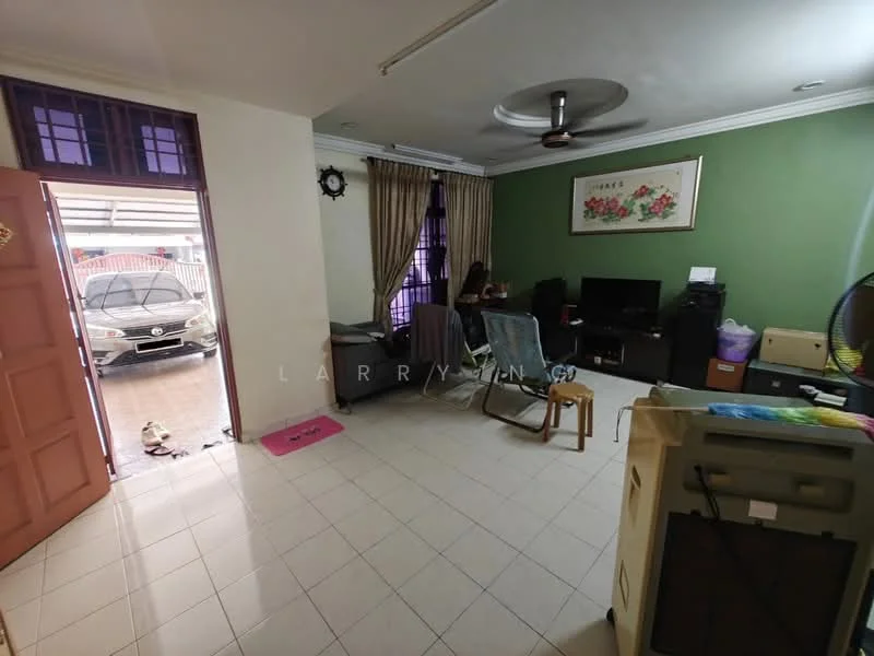 Living features: white painted walls, ceramic tile flooring, ceiling fan, window with sheer curtains, TV console, freestanding TV cabinet, sofa chair, wooden coffee table, decorative wall art, open doorway leading outside.