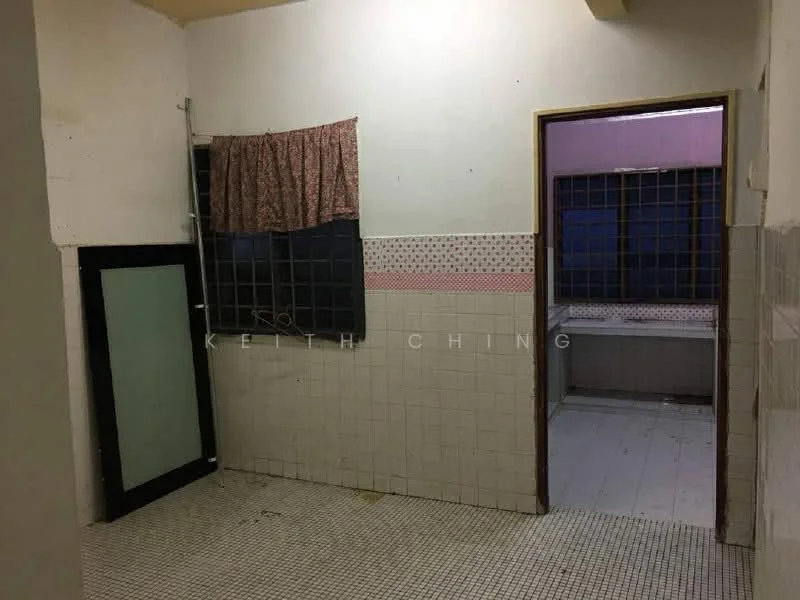 Room features: white painted walls, tiled flooring, window with black grille, curtains on window, doorway leading to another room, light fixture on ceiling, wall tiles with decorative border, corner of room with no visible features.