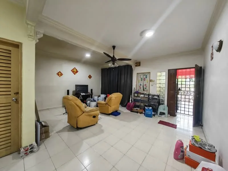 Living features: cream painted walls, white tiled flooring, tray ceiling, 5-blade ceiling fan with light, two yellow armchairs, black curtain, television on stand, wooden door, decorative wall art, open space layout; style: modern.