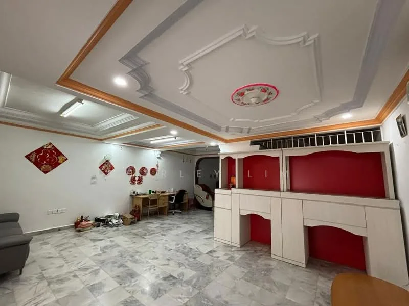 Living features: marble tile flooring, white painted walls, tray ceiling with decorative moulding, recessed lighting, wooden feature wall in red, built-in cabinetry, decorative ceiling rose, sofa, dining table, wall-mounted decor, open layout; style: modern.