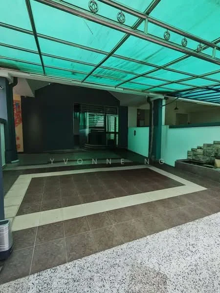 Exterior features: covered car porch with green canopy, grey tiled flooring, textured wall finish, steps leading to entrance, glass sliding door, decorative wall art, white painted walls, open space layout; style: modern.
