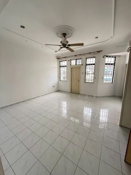 Living features: white painted walls, glossy white tile flooring, 5-blade ceiling fan with light, floor-to-ceiling windows, window grills, single door, recessed lighting, no visible furniture; style: modern.