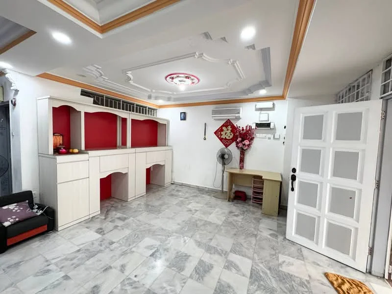 Living features: marble tile flooring, white painted walls, red accent wall, tray ceiling with recessed lighting, ceiling fan, built-in cabinetry with red backing, wall-mounted air conditioning unit, decorative wall art, wooden desk, fan, open space layout; style: modern.