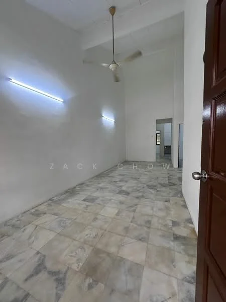 Room features: white painted walls, marble tile flooring, 5-blade ceiling fan, recessed LED strip lighting, high ceiling, open layout, doorway leading to another room; style: minimalist.