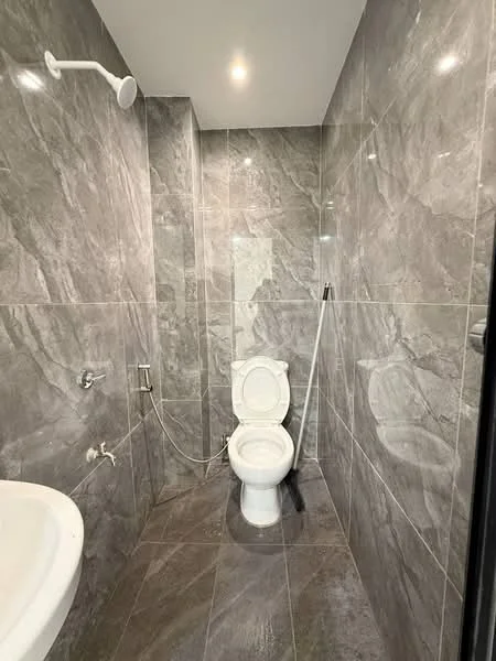 Bathroom features: grey marble tile flooring, grey marble wall cladding, one-piece toilet, handheld shower, wall-mounted shower head, chrome faucet, glass shower enclosure, recessed LED downlights; style: modern.