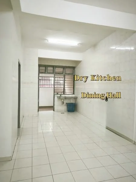 Kitchen features: white tiled walls, white tiled flooring, single-bowl stainless-steel sink, window with metal grille, open layout, dry kitchen area, wall-mounted cabinets, countertop space. Dining features: white tiled walls, white tiled flooring, open layout, sufficient space for dining table.