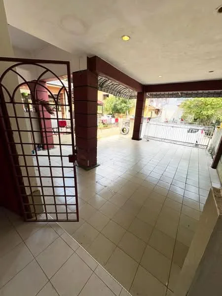 Exterior type: linked terrace house; features: tiled flooring, covered porch area, metal gate, open space, surrounded by greenery, fenced perimeter, access to street view; style: modern.