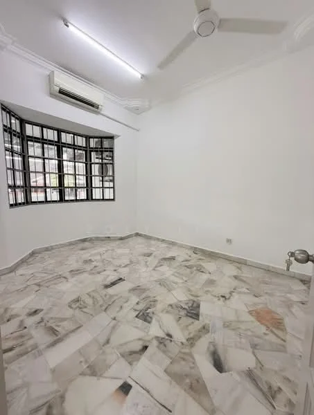 Room features: white painted walls, marble flooring, ceiling fan, wall-mounted split AC, large windows with black frames, crown moulding, natural light from windows.