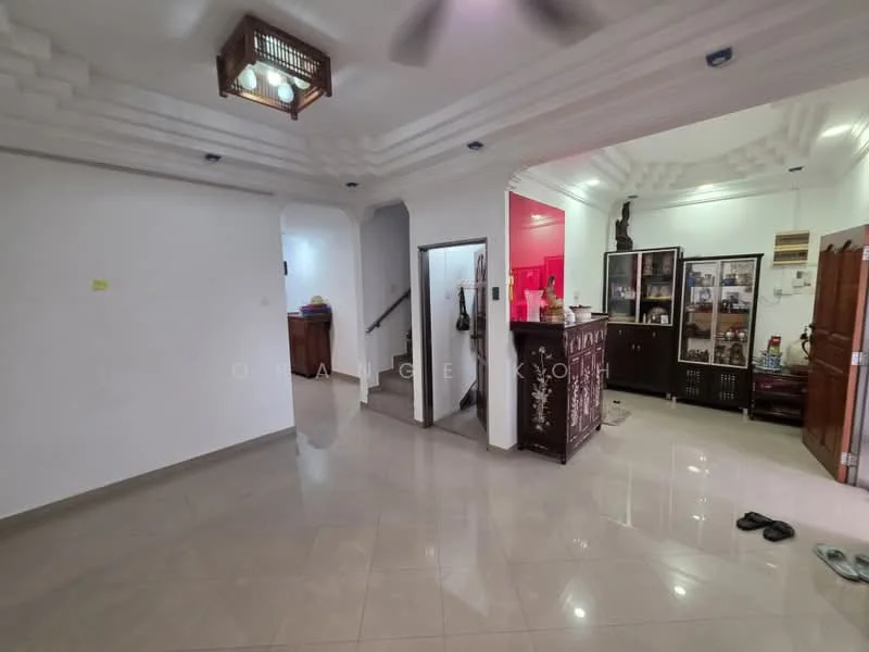 Living features: white painted walls, glossy tile flooring, tray ceiling with recessed lighting, ceiling fan, wooden display cabinet, staircase leading to upper floor, decorative wall sculpture, open layout; style: modern.