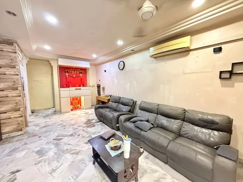 Living features: 3-seater leather sofa in grey, coffee table, wall-mounted clock, wall-mounted split AC, marble flooring, decorative wall with wood paneling, recessed downlights, feature wall with decorative elements, neutral painted walls; style: modern.