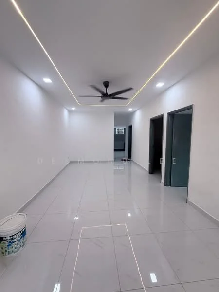 Room features: white painted walls, glossy white tile flooring, recessed LED downlights, 5-blade ceiling fan, neutral color scheme, open layout, door frames in grey, no visible furniture or decor; style: modern.