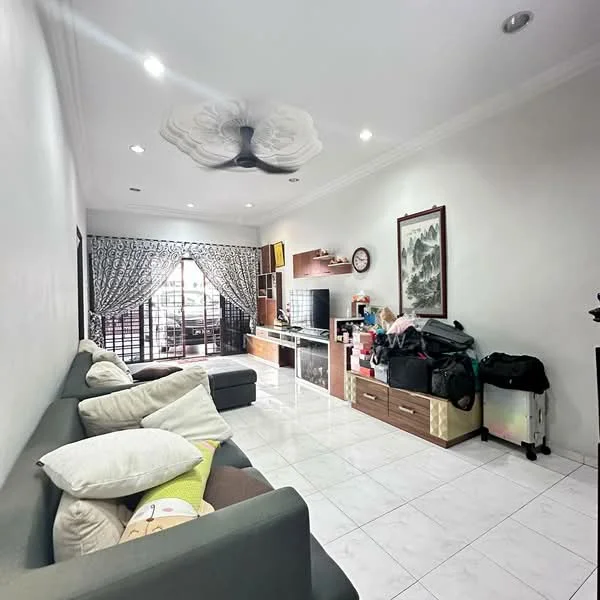 Living features: white painted walls, polished tile flooring, 5-blade ceiling fan with light, sofa in grey, coffee table, TV console, wall-mounted TV, curtains, decorative wall art, built-in cabinetry, area rug; style: modern; view: garden.