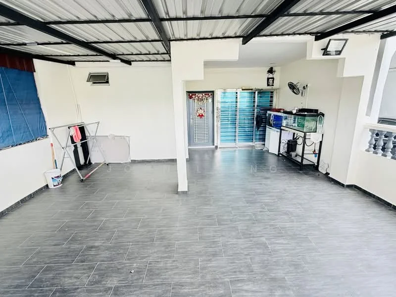 Room features: grey ceramic tile flooring, metal roof with beams, sliding glass door, window with blue curtains, wall-mounted air conditioning unit, fish tank, clothes drying rack, decorative wall with railing; style: modern.