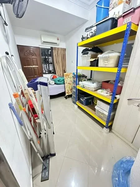 Laundry features: white walls, glossy tile flooring, shelving unit with yellow frame, plastic storage bins, cleaning supplies, folding ladder, air conditioning unit, curtains, door leading to another room.
