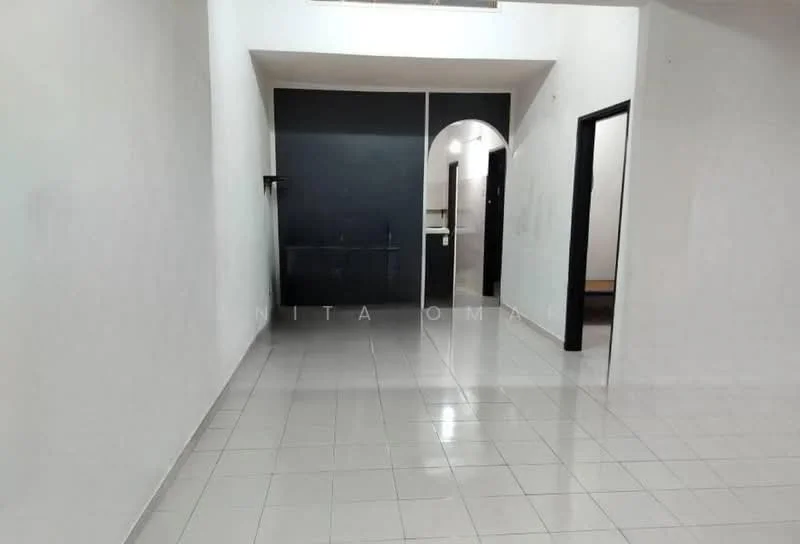 Room features: white painted walls, glossy tile flooring, arched doorway, black accent wall, doorway leading to another room, open layout, no visible furniture, neutral color scheme; style: modern.