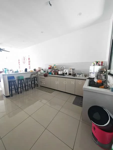Kitchen features: white cabinetry, grey countertop, stainless-steel sink, chrome pull-down faucet, built-in oven, freestanding range oven, microwave, kettle, toaster, bar stools, ceramic tile flooring, recessed downlights, window with view, open shelving, decorative items on countertop; style: modern.