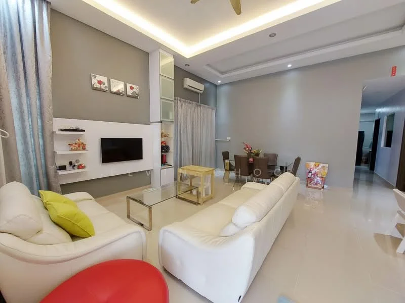 Living features: white leather sofa, red accent chair, glass coffee table, wall-mounted TV, white shelving unit, grey painted walls, recessed ceiling lights, ceiling fan, curtains, tile flooring, decorative wall art, dining area with round table and chairs; style: modern. Dining features: round dining table, upholstered dining chairs, flower vase, wall-mounted decor; style: modern. Room features: hallway leading to other rooms.