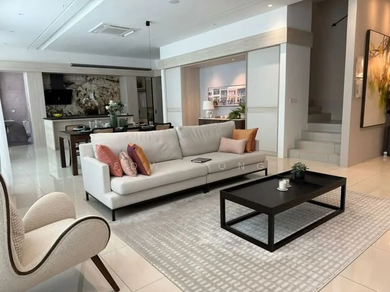 Living features: 3-seater fabric sofa in light grey, decorative cushions in various colors, black coffee table, area rug with geometric pattern, wall-mounted TV, recessed downlights, white painted walls, marble tile flooring, open layout to kitchen, large windows for natural light, decorative artwork on wall, indoor plants; style: modern. Kitchen features: island kitchen with bar seating, stainless-steel appliances, white cabinetry, black countertop, open shelving, backlit feature wall, recessed lighting; style: modern.