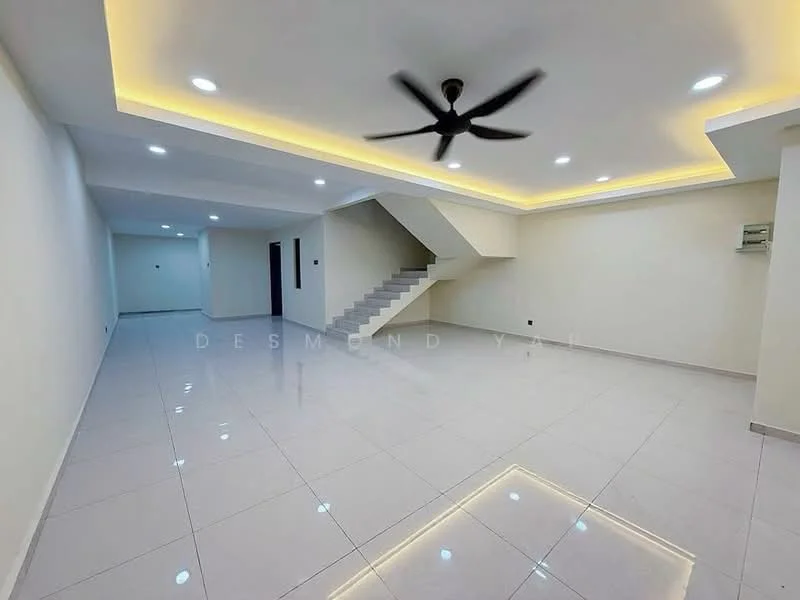 Living features: white painted walls, glossy ceramic tile flooring, recessed downlights, 5-blade ceiling fan, staircase leading to upper level, crown moulding, large open space, neutral color palette; style: modern.