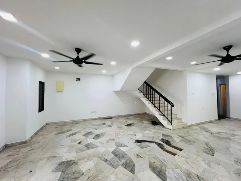 Room features: marble flooring, white painted walls, recessed LED downlights, 2 ceiling fans, staircase with black railing, open layout, corner wall with window, wall-mounted air conditioning unit; style: modern.