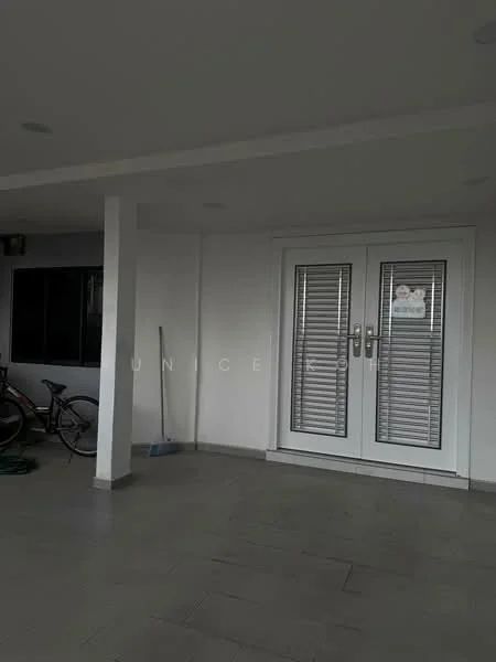 Room features: white painted walls, tile flooring, double glass doors with horizontal slats, large window, broom, bicycle, ceiling lights; style: modern.
