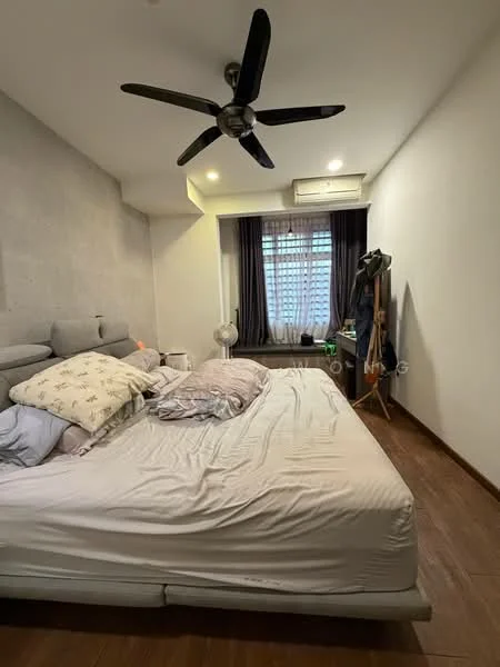 Bedroom features: king-size bed, upholstered headboard, 5-blade ceiling fan with light, wooden flooring, grey accent wall, floor-to-ceiling window, sheer curtains, built-in wardrobe, decorative mirror, study desk, area rug; style: modern.