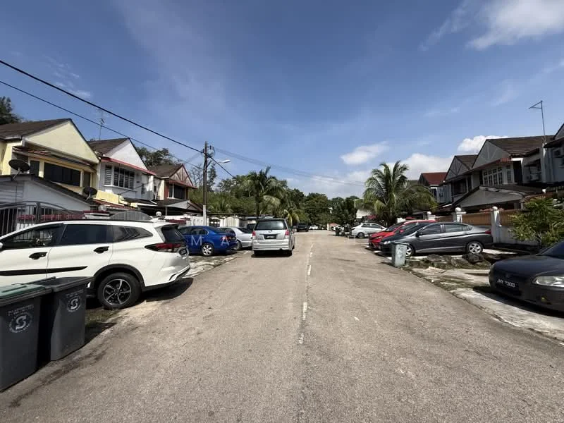 Exterior type: linked terrace house; features: residential street view, paved road, parked cars on both sides, mature palm trees, two-storey houses, front yards with greenery, utility poles, clear blue sky; style: modern.