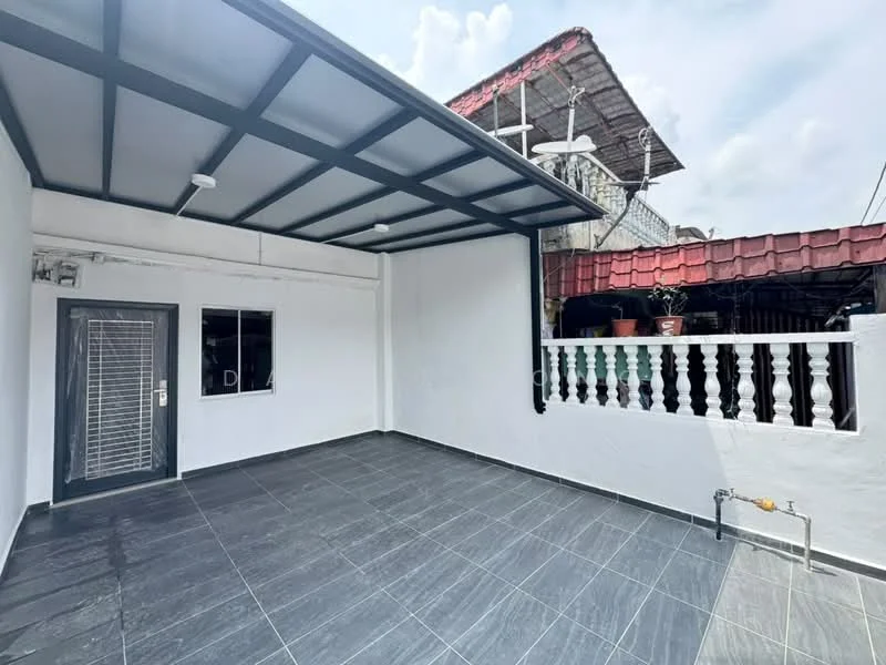 Room features: grey tiled flooring, white painted walls, metal roof, sliding glass door, window with black frame, exposed ceiling beams, outdoor space, fenced wall with white railing; style: modern.