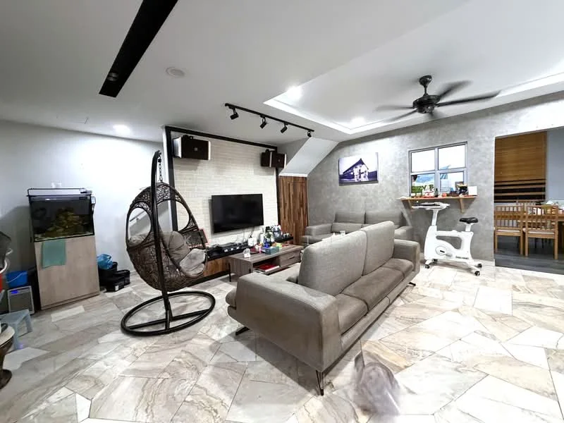 Living features: 3-seater fabric sofa in grey, coffee table, wall-mounted TV, ceiling fan, hanging chair, marble tile flooring, recessed downlights, decorative wall with stone cladding, wooden accent wall, window with view to outside, exercise bike; style: modern.