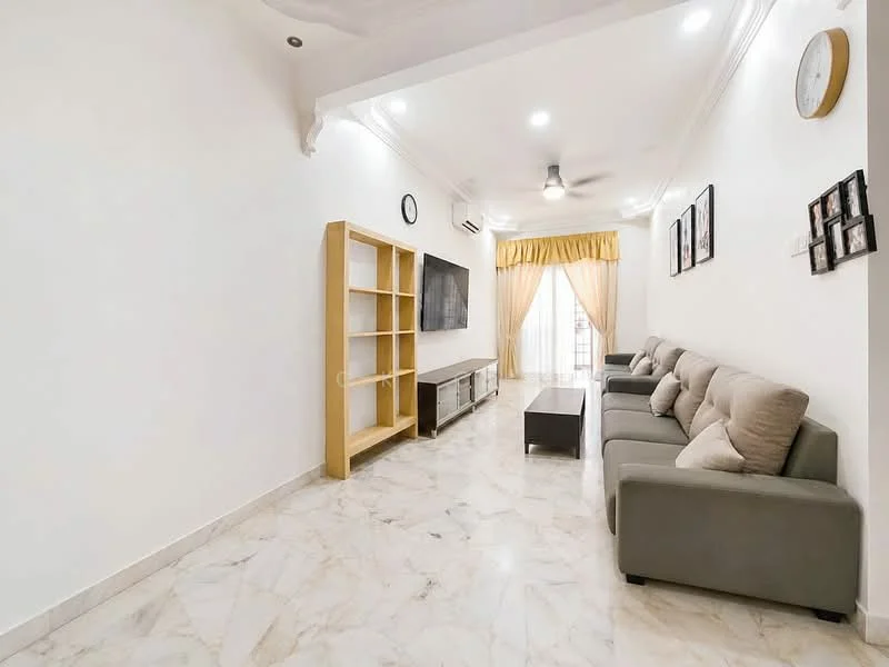 Living features: white painted walls, marble tile flooring, recessed downlights, 5-blade ceiling fan, large window with sheer curtains, sofa in grey fabric, coffee table, TV console, wall-mounted TV, decorative wall clock, framed artwork; style: modern.