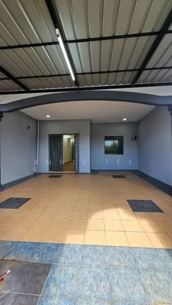 Exterior features: covered car porch, tiled flooring in beige and blue, grey painted walls, metal roof, single door entrance, window with dark frame, exposed ceiling beams, interior access visible; style: modern.